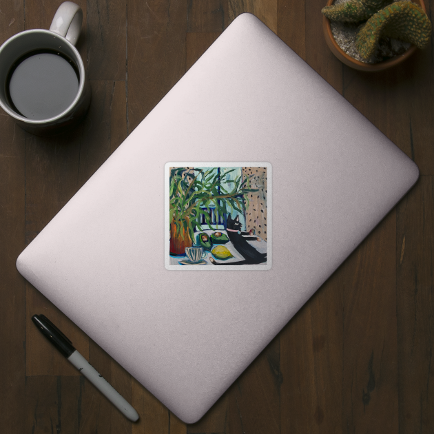 Cat on table Avocado Lemon and Plant in a Pot by Hyssopartz